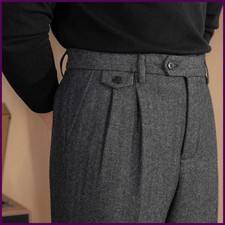 Italian Vintage Wool Herringbone Suit Pants Men Autumn Winter Straight Trousers