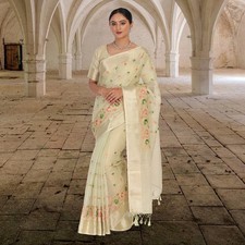 Tissue Banarasi Saree With Embroidery - Cream