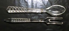 DEPRESSION GLASS SALAD SERVERS~1 SPOON & 1 FORK~DIFFERENT PATTERNS ~24.5 cm