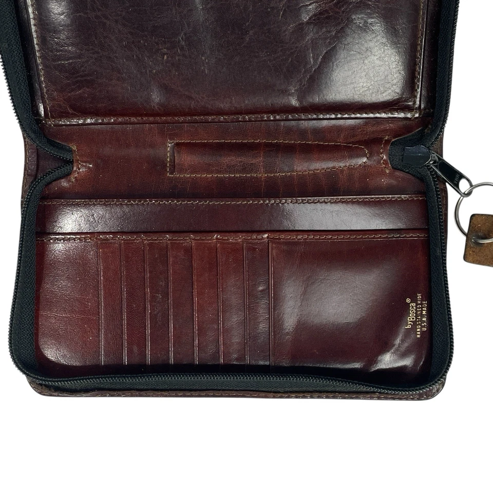Cartera Bosca Cuero Antiguo Cremallera Alrededor Marrón Manchada a Mano Oculto Hecho en EE. UU. Foto 2 de 4