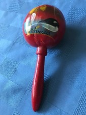 Vintage Red Maraca Mexico Hand-painted 3" diameter 7" long