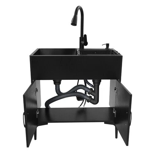 Armário de pia utilitário de aço inoxidável com pia com torneira flexível pia de lavanderia - Imagem 2 de 4