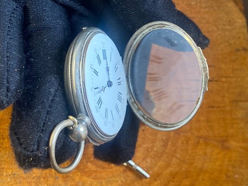 Antique Pocket Watch Mechanical Fisher Silver Swiss Key Open Face Chain Rare Old - Picture 14 of 24