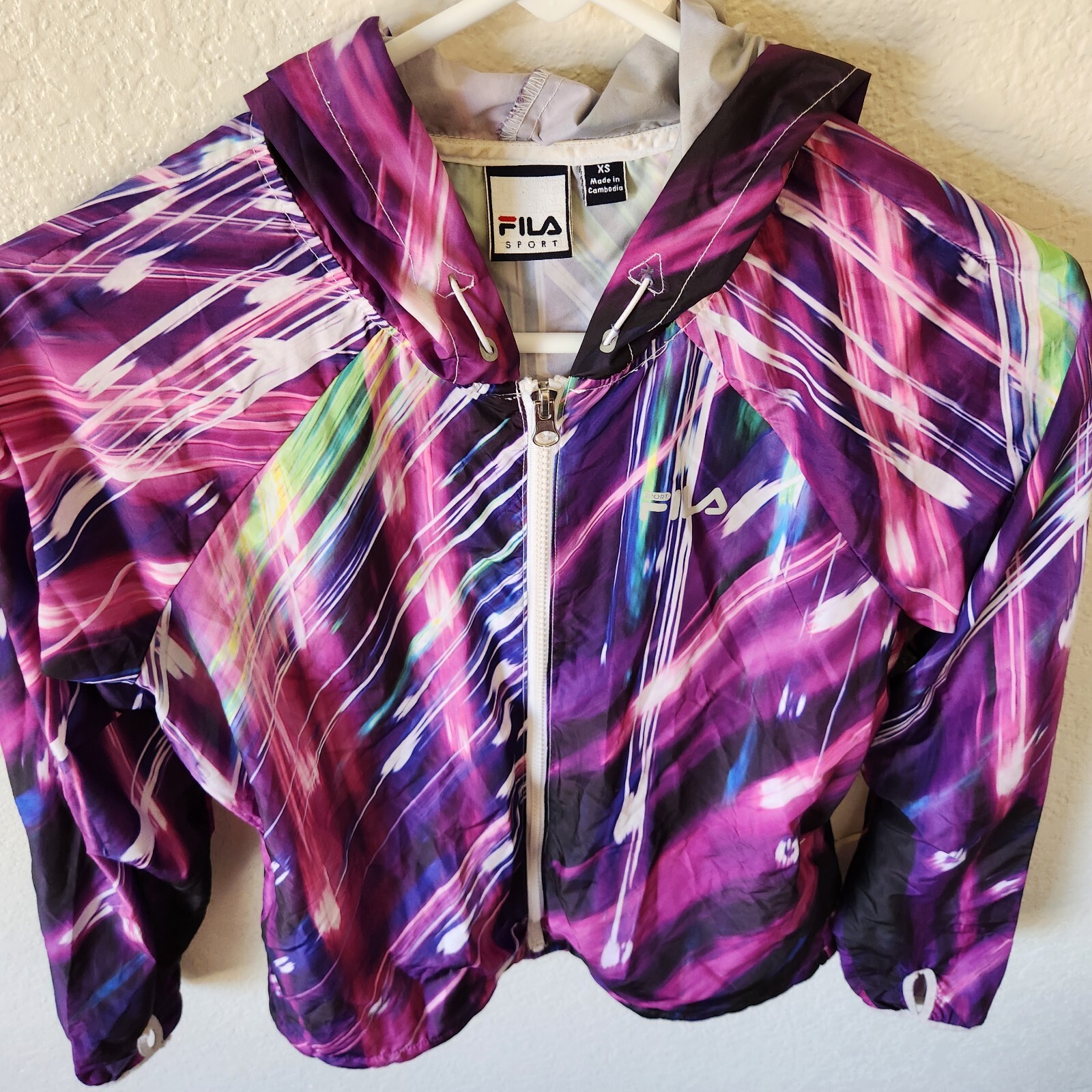 Giacca a vento leggera Fila Sport donna viola full zip con cappuccio taglia XS