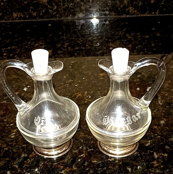 Vintage Glass Oil And Vinegar Cruets with Sterling Silver Bases
