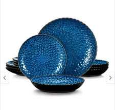 CHRYS 12-Piece Blue  Stoneware Dinnerware Set Plates Bowls Set Service for 4