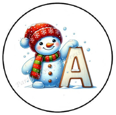 30 CHRISTMAS SNOWMAN MONOGRAM INITITAL LETTER ENVELOPE SEALS LABEL STICKERS 1.5''