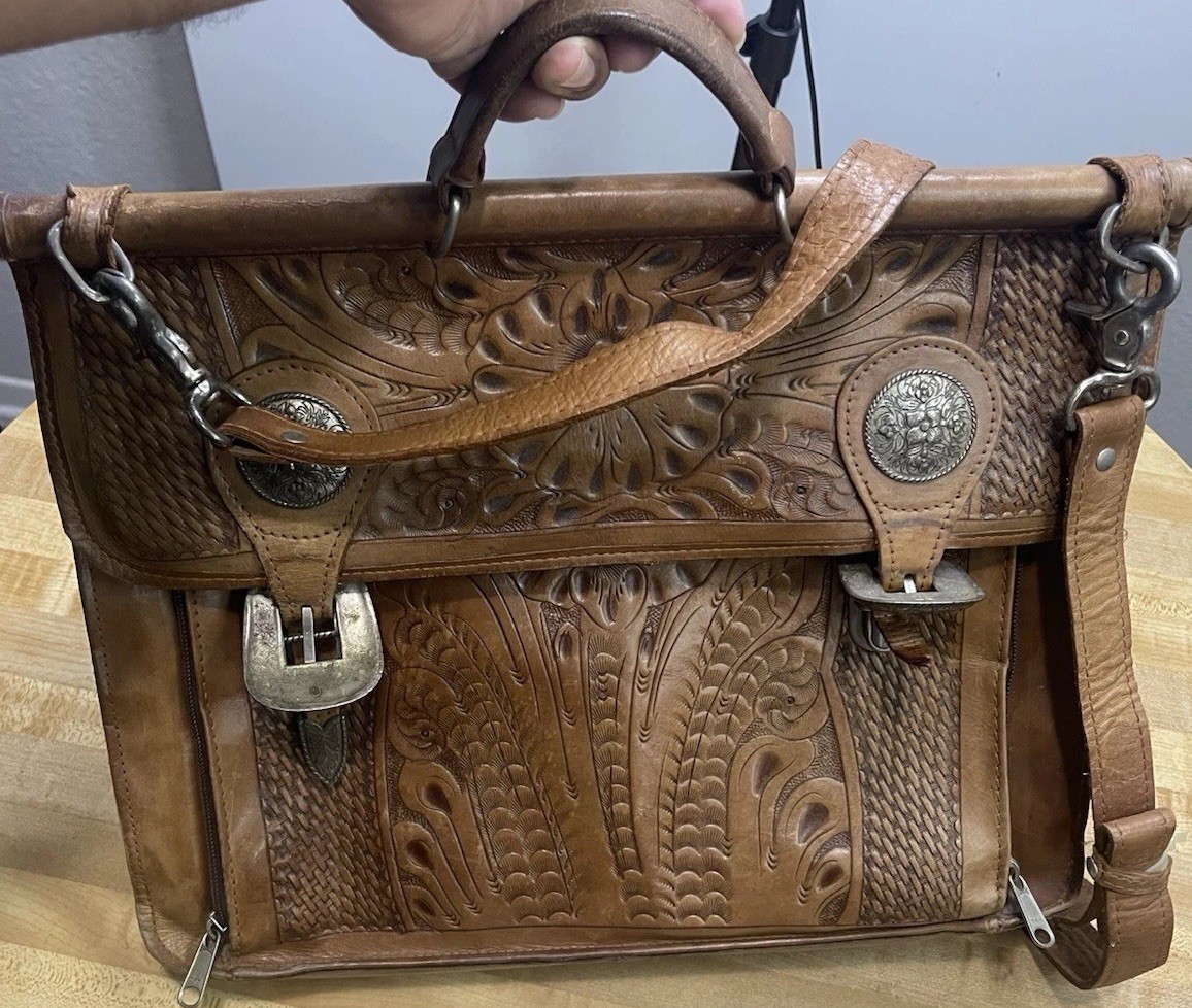 American West Vintage Tooled Leather Briefcase Messenger Bag Brown Western image 4