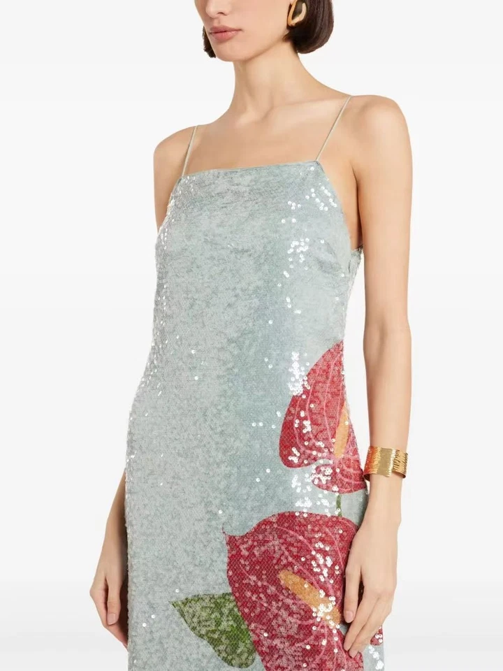 Maxi Vestido G2U Sin Etiquetas 450 Nuevo Sin Etiquetas Farm Rio Azul Lentejuelas Anthurium Flores Sin Mangas Foto 4 de 4