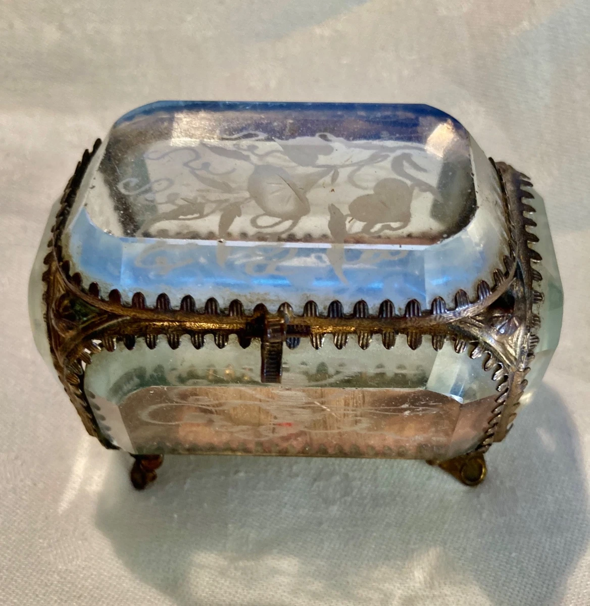 Grand Coffret a Bijoux Verre Biseauté & Laiton Doré Boite XIX