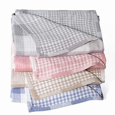 Cotton Muslin Throw Blanket with Buffalo Check Pattern, Vintage Indoor and Ou...