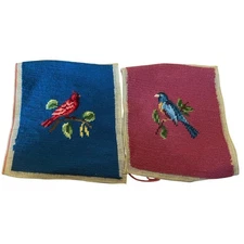 2 Finished Completed Cross Stitch Petit Point Pieces Birds Cardinal Bluebird 7x9