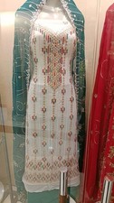 Women's Pakistani Salwar Kameez White  Green with Embroidery and Dupatta