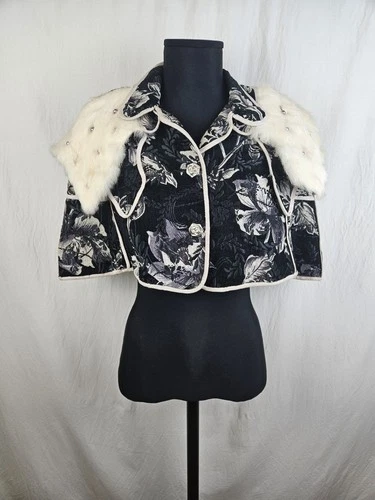 ALBERTA FERRETTI Silk Jacquard Bolero Jacket Real Fur Collar Embellished UK 8