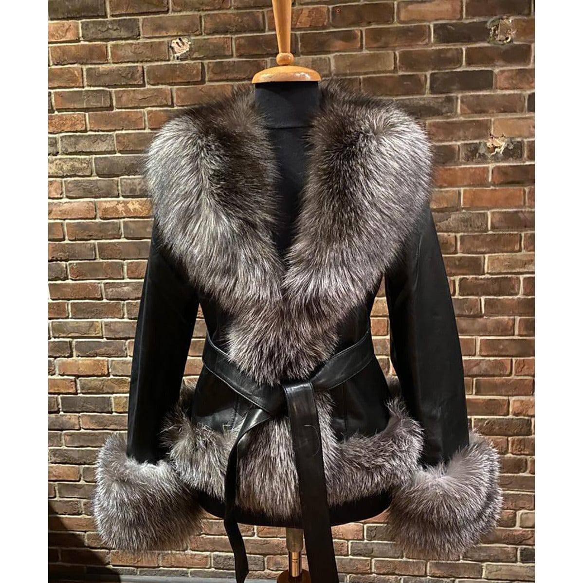 BARYA NEW YORK Women's Fox Trim Leather Jacket image 2