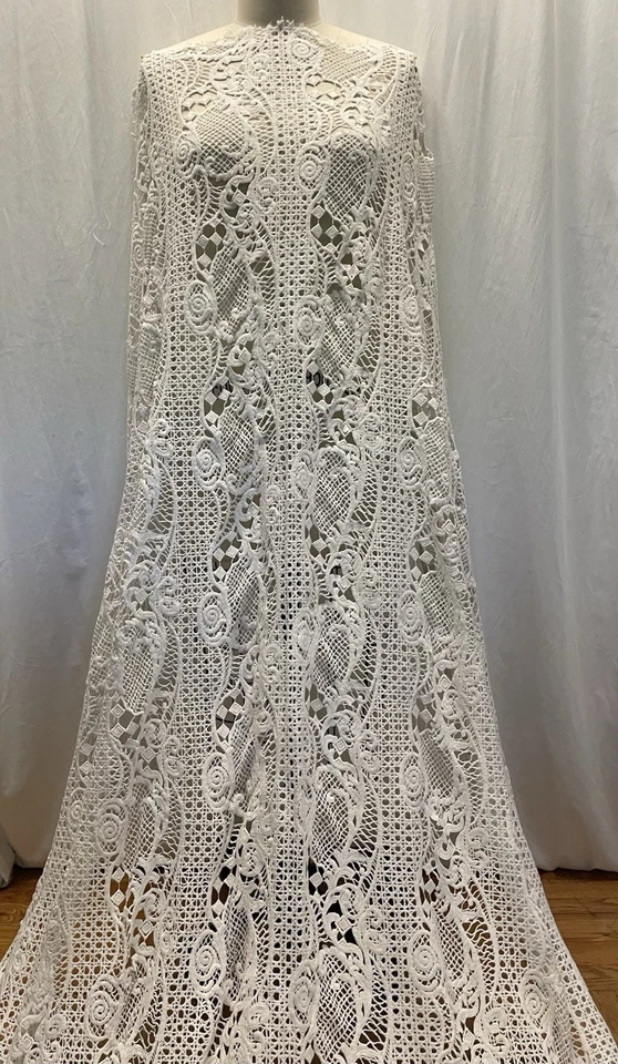 100% Cotton Heavy Embroidered Guipure Lace  White Fabric 7.5 Yards 50" Wide - Image 3 of 4