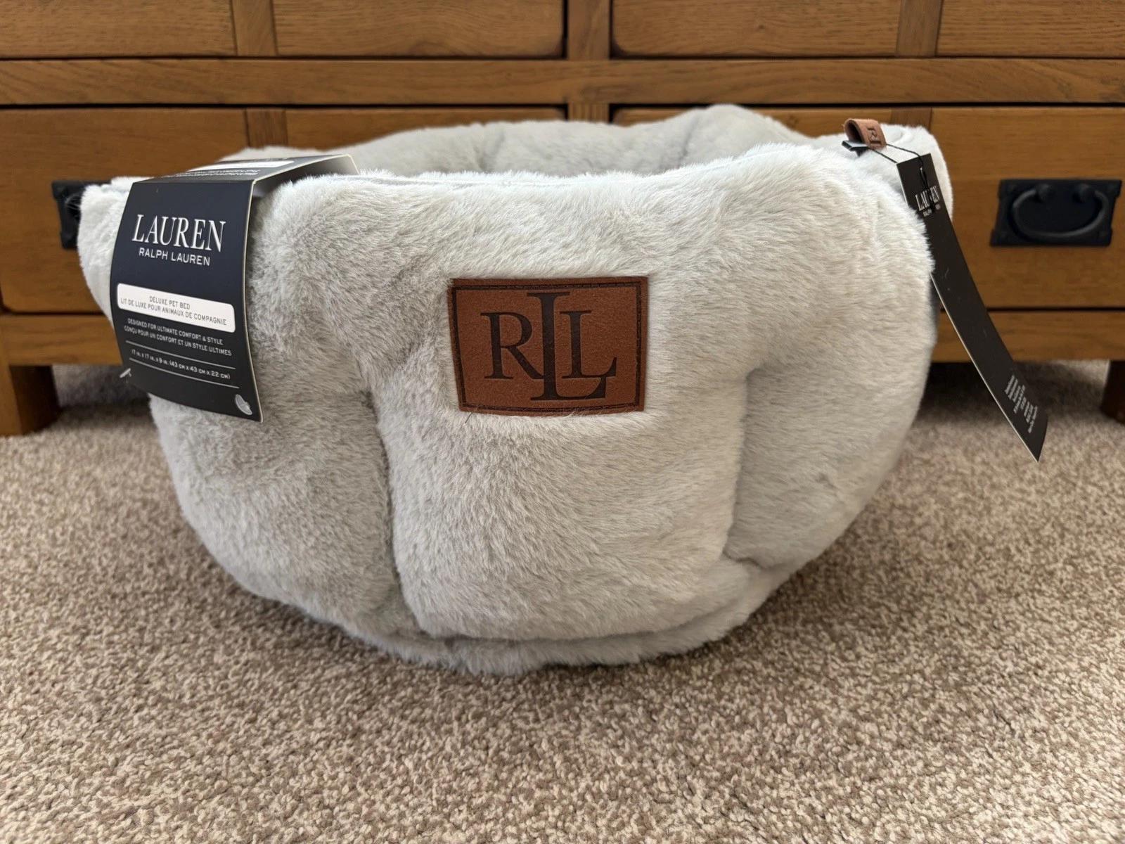 Ralph Lauren NEW Grey Deluxe Cosy Plush Faux Fur Pet Bed 17x17x9” Dog Cat BNWT