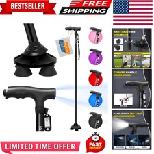 Folding Walking Cane with LED Light,Pivoting Quad Base,Adjustable Walking Sti...