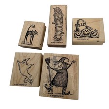 Vintage 2000 Stampin Up Halloween Wood Mounted Rubber Stamp Set Witch Mummy 5pc