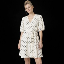 Wrap Polka Dot Dress Womens Medium Cream Puff Sleeve V-Neck Mini