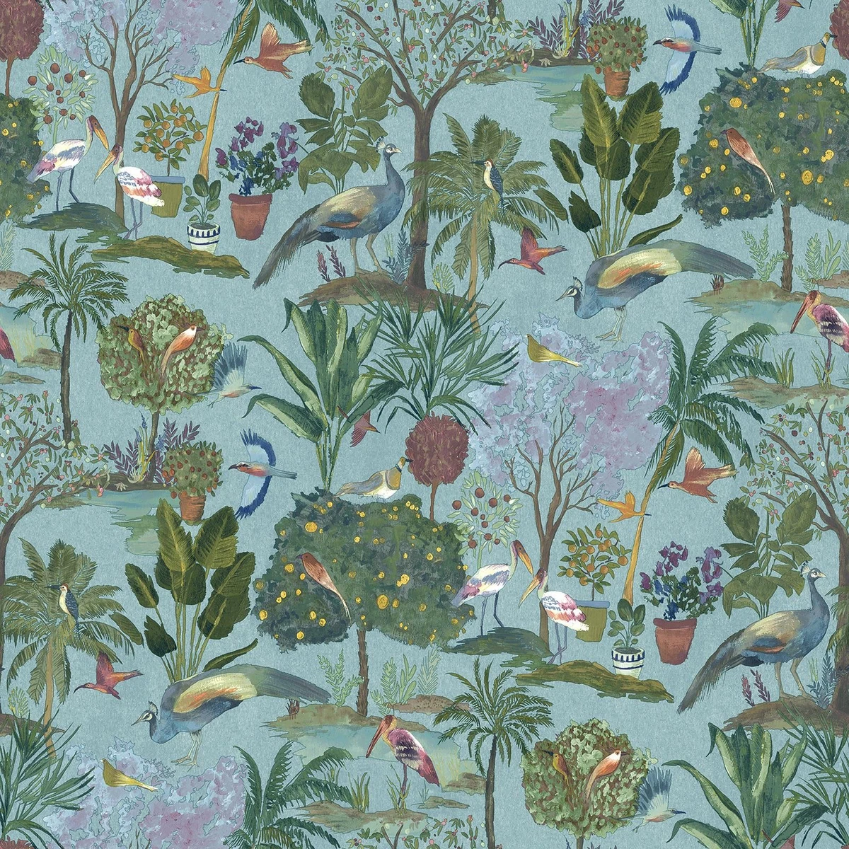 Papel pintado azul verdoso paraíso jardín árboles flores aves verde selva WOW177