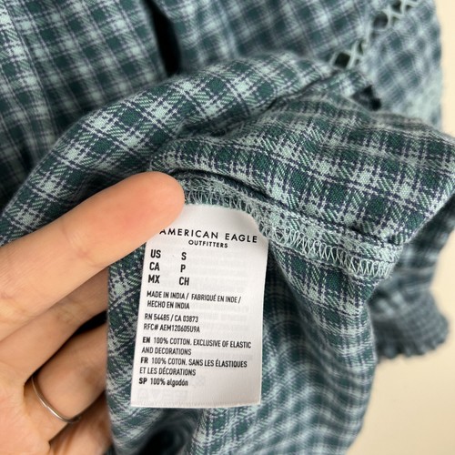 American Eagle Blue Plaid Smocked Long Sleeve Mini Dress Size Small - Picture 4 of 6