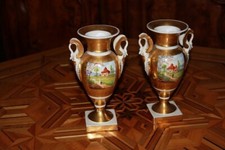 Coppia Vasi Vecchia Parigi Francesi del 1800 Con Dipinti Paesaggi