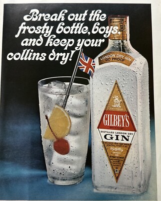 1967 Gilbey's Distilled London Dry Gin Tonic Drink Vintage Color Print Ad Bottle