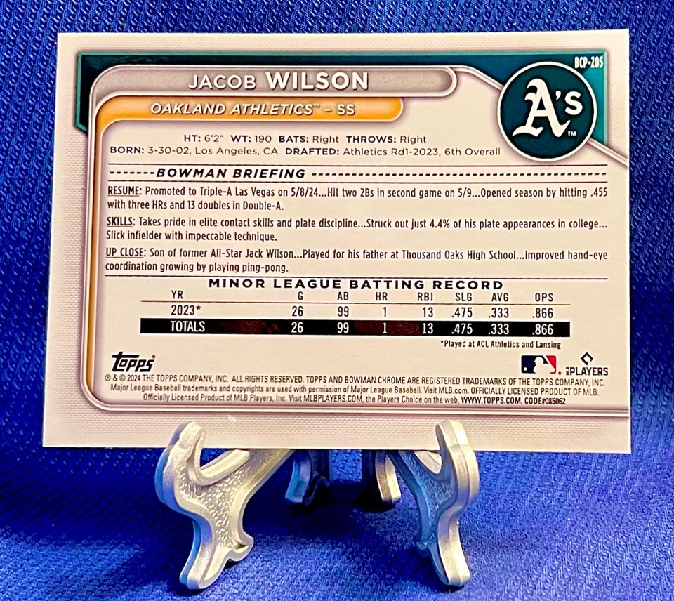 Jacob Wilson 2024 Bowman Chrome Sapphire Gold Refractor Rookie Prospect #/50 A’s - Image 4 of 4