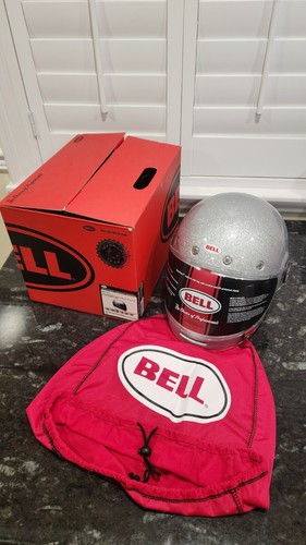 Bell Bullitt Motorcycle Helmet In Rare Silver Flake Sparkle MEDIUM w/ Box & Bag