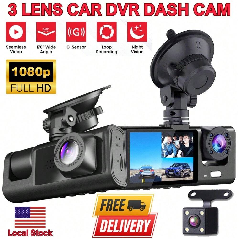 Dash Cam HD 1080p Dual Lens Front Rear Inside Car Recorder with G-Sensor-image
