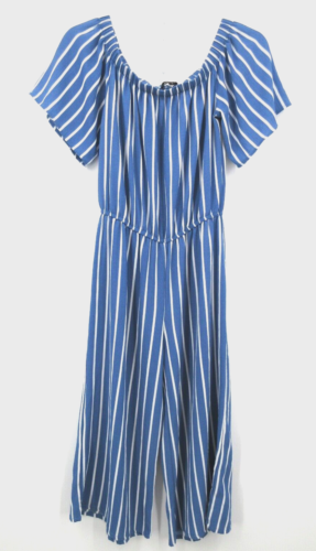 AMBIANCE ONE PIECE CAPRI OFF SHOULDER JUMPSUIT Junior Small Blue/White Stripe