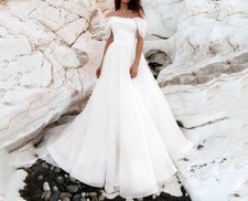 Off The Shoulder Wedding Dress Backless Boho Pleats A Line Bridal Gown Trains