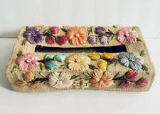 Straw Tissue Box Cover / Dispenser With Colorful Floral Embellishments Vintage