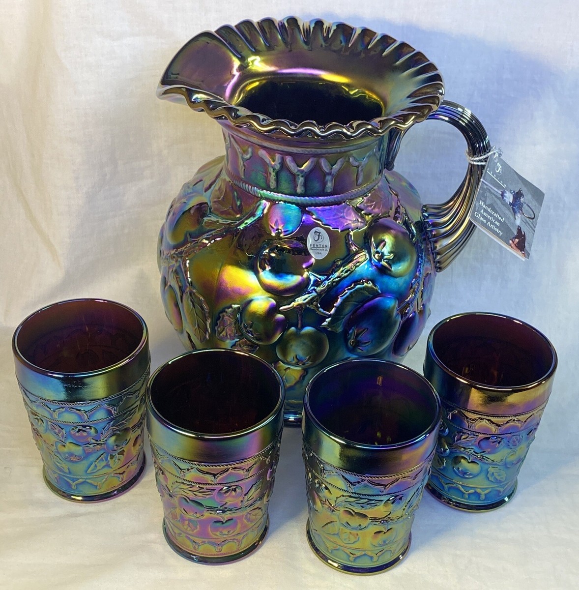 Fenton Art Glass Apple Tree 5 PC Water / Pitcher & Glass Set