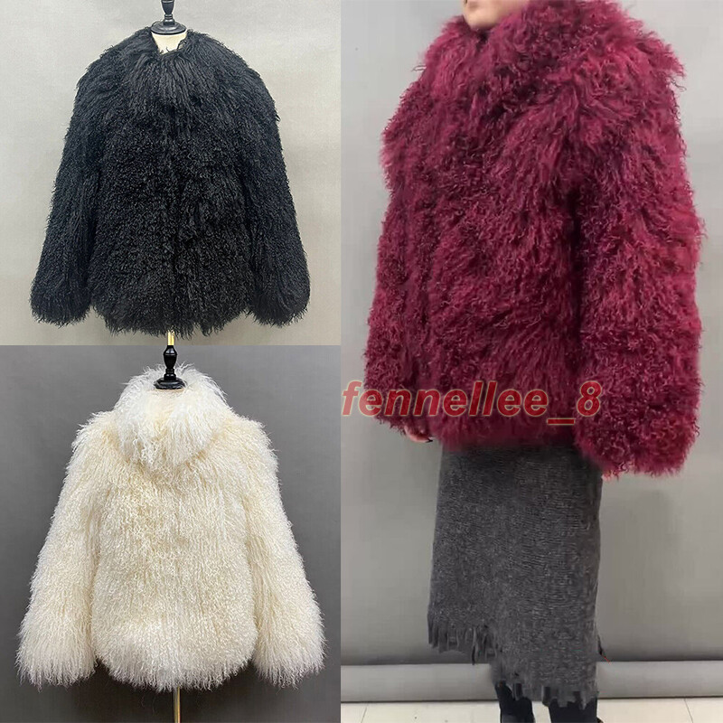 Women 100% Real Mongolian Lamb Fur Coat Warm Curly Long Fur  Stand Collar Jacket