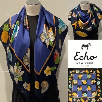 ECHO 100% Silk Twill Navy, Blue, Yellow Seashells, Floral, Check Scarf 87 x87cm 