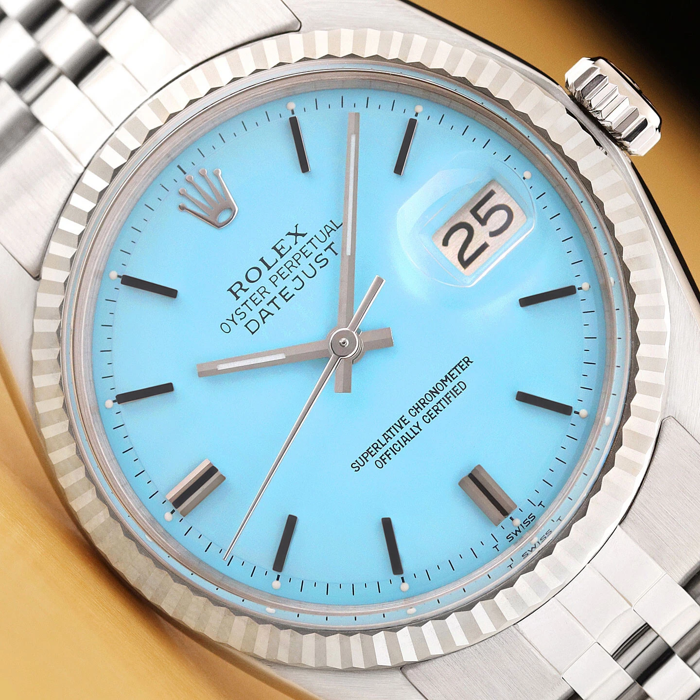 ROLEX MENS DATEJUST AQUA BLUE DIAL 18K WHITE GOLD STEEL WATCH w/ JUBILEE BAND