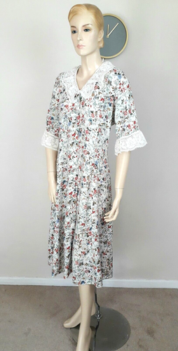 VINTAGE 80S CHINTZY FLORAL PRINT CREAM LACE COLLAR CALF LENGTH TEA DRESS 12 - Picture 5 of 11