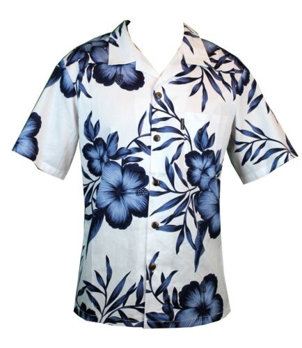 Men Aloha Shirt Cruise Tropical Luau Beach Hawaiian Party White Navy Hibiscus - Picture 1 of 4