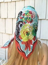Vintage 50s All Silk Scarf 28  Square Feathers Flowers Colorful Watercolor