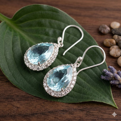 Pear Natural Sky Blue Topaz 925 Silver Drop Mother Halloween Minimalist Earrings