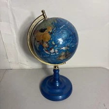 Blue Lapis World 12” Globe With Semi Precious Gems Blue Stand Gold Inscription