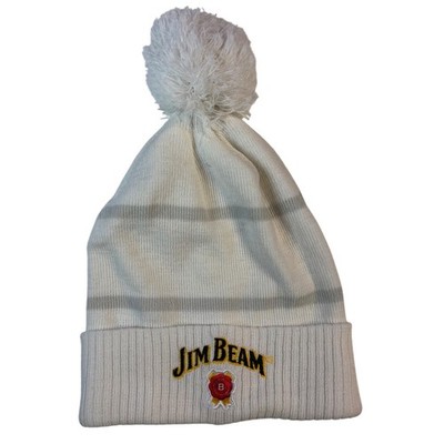 Jim Beam White Knit Pom Beanie Hat Drink Smart Logo Winter Cap Ribbed Cuff