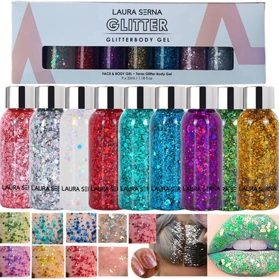 9 Pack Body Gel, Mermaid Sequin Chunky Glitter Face Hair Nail Lip Gel Lasting Sp