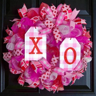 Valentine Deco Mesh 24'' Wreath XO Sign Pinks & Reds Ribbons Full Ready to Hang