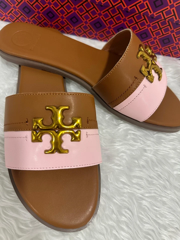 Sandália Miller Feminina de Couro Tory Burch Tamanho 9 Dois Tons Marrom/Rosa Claro  - Imagem 3 de 4