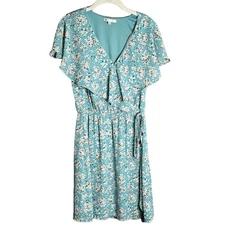 DR2 Blue and White Floral Print Wrap Dress With Ruffles Size Small