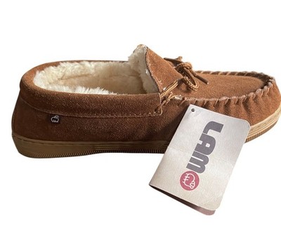 Lamo Lester Mocassin Chestnut Brown Suede Slippers Mens Size 8 Faux Fur Lined