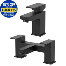 Bathroom Bath Filler & Basin Mixer Tap Set Square Twin Lever Matt Black Modern